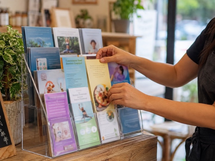 Placing a flyer into a cafe display stand for local venue advertising